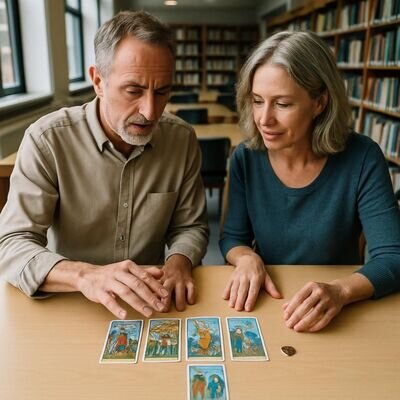Due persone osservano una stesa a cinque posizioni con attenzione e rispetto, senza drammatizzazione.