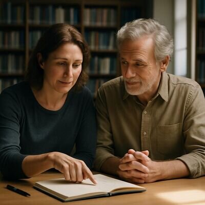 Due persone in un ambiente luminoso osservano un quaderno con una scena riscritta, atmosfera di sostegno e chiarezza.