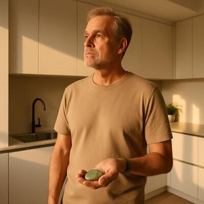 Un uomo tiene la giada in mano durante una pausa consapevole in casa.