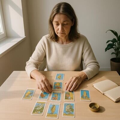 Una persona prepara la stesa della Croce Celtica con 10 carte in un ambiente luminoso e ordinato.