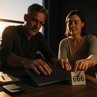 Uomo e donna adulti in un ufficio minimal che chiudono il laptop e si scambiano uno sguardo sereno, simbolo di priorit&agrave;.
