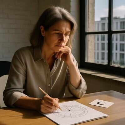 Una persona osserva una carta astrologica con approccio riflessivo, in un ambiente luminoso e ordinato.