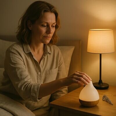 Una persona prepara la camera con luci calde e un diffusore di aromi prima di andare a letto.