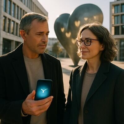Due persone adulte in un contesto urbano, mentre una nota l&rsquo;orario 11:11 sul telefono e riflette sulla relazione.
