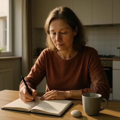 Una persona adulta scrive su un quaderno in una cucina luminosa, atmosfera calma e concreta.