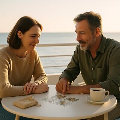 Due persone discutono serenamente una lettura, con le carte sul tavolo come supporto alla riflessione.