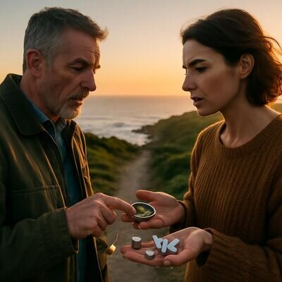 Due persone discutono serenamente davanti a un paesaggio, simbolo di scelta e adattamento.