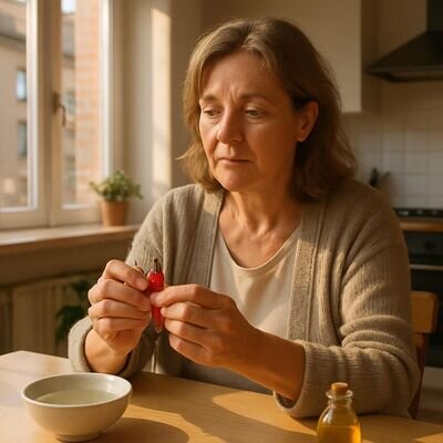 Una scena domestica luminosa in cui una persona riflette su simboli tradizionali di protezione, con atmosfera serena e quotidiana.