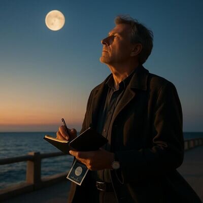 Uomo adulto che osserva la Luna e prende appunti per gestire energia e ritmo della settimana.