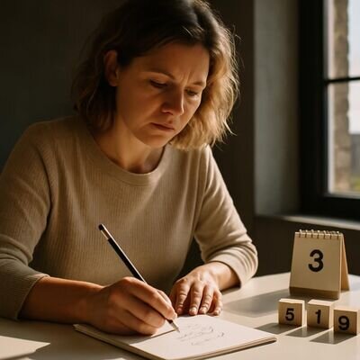 Persona che annota data di nascita e somma numerologica con calma e concentrazione.