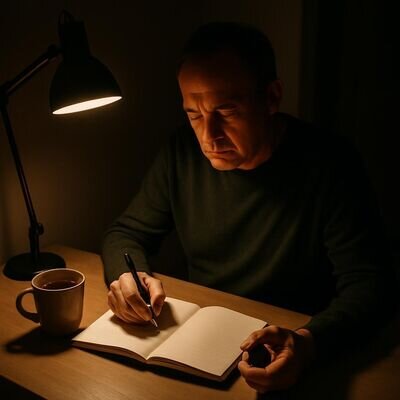 Una persona in casa la sera, luce calda e concentrata, mentre scrive un appunto per scaricare la mente prima di dormire.