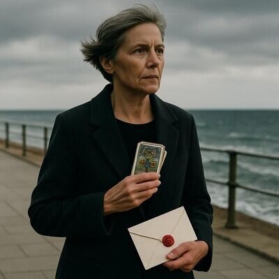 Una persona matura riflette all&rsquo;aperto con le carte in mano, in un contesto di calma e decisione.