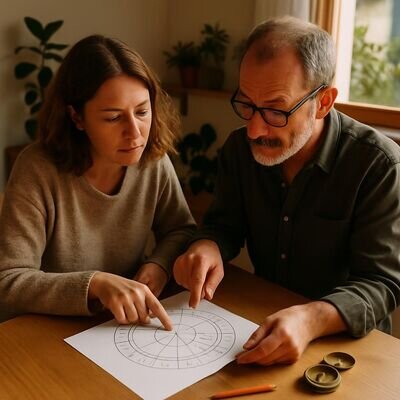Due persone osservano un tema natale su carta, in un ambiente luminoso e accogliente.