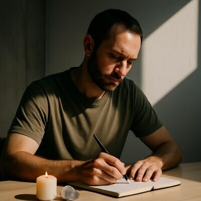 Un uomo adulto scrive in un diario in un ambiente luminoso, con una candela spenta e una pietra sul tavolo.