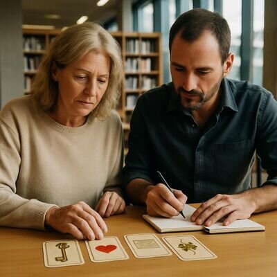 Due persone consultano le carte Lenormand su un tavolo di legno, in un ambiente luminoso e tranquillo.