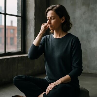 Una persona pratica il respiro alternato vicino a una finestra, con gesto delle narici ben visibile.