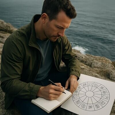 Persona che scrive un diario e osserva un calendario circolare, in luce naturale all'aperto.