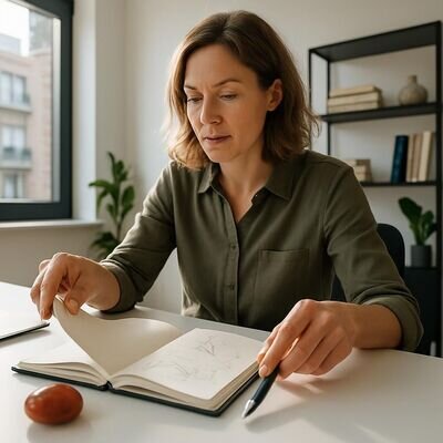 Una donna inizia a lavorare a una bozza, con la corniola come simbolo di motivazione e coraggio.