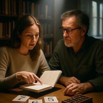 Due persone adulte discutono di numeri maestri 11, 22 e 33 in una biblioteca luminosa.