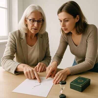 Un consulente e una consultante rileggono insieme una domanda scritta, con un timer visibile e uno spazio ordinato che comunica chiarezza e limiti.