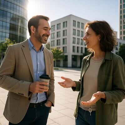 Due persone in conversazione in un ambiente urbano luminoso, linguaggio del corpo e primi minuti di incontro.