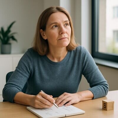 Una persona adulta osserva appunti e una piccola lavagna con numeri, in un contesto lavorativo luminoso e moderno.