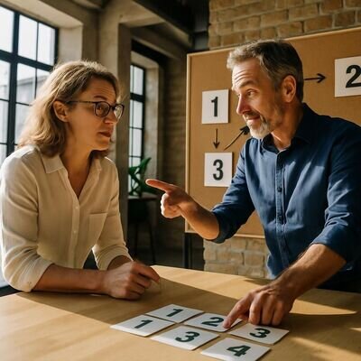 Due colleghi discutono serenamente davanti a una bacheca con schemi numerici, in luce laterale pi&ugrave; decisa.