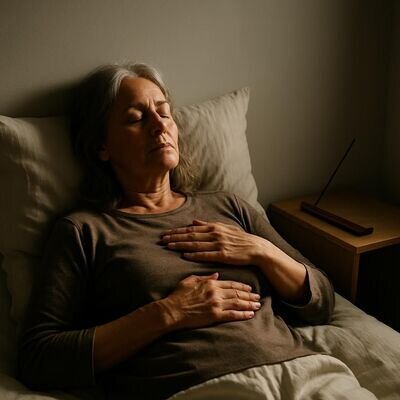 Una persona pratica respirazione lenta sul letto, con atmosfera serena e simboli discreti del rituale.