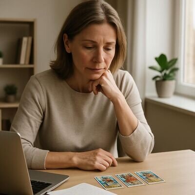 Una persona riflette su una decisione di carriera osservando alcune carte e appunti di lavoro.