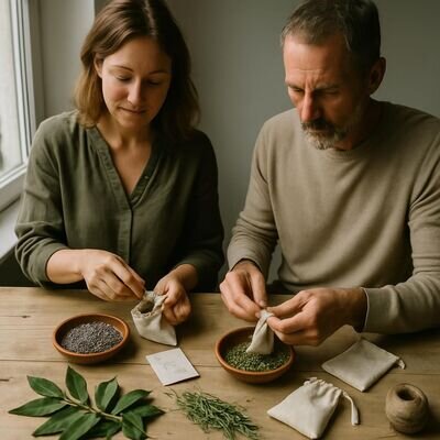 Due persone preparano sacchetti rituali con lavanda, rosmarino e alloro in un ambiente luminoso e domestico.