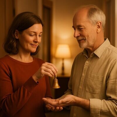 Due persone in casa usano un piccolo strumento sonoro per creare un momento di calma condivisa.