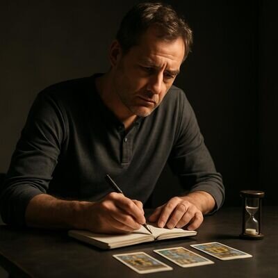 Una persona prende appunti dopo la lettura, con le tre carte visibili accanto al quaderno.