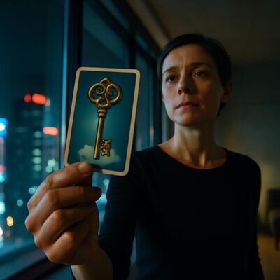 Una persona osserva una carta Lenormand vicino a una finestra con luci urbane sullo sfondo.