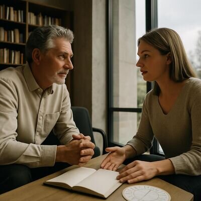 Due persone parlano con calma in un ambiente luminoso, usando simboli astrologici come spunto e non come verdetto.
