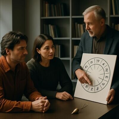 Due persone consultano un consulente, con una grande carta circolare come elemento visivo del composito.