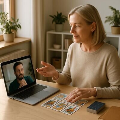 Una consulente e un cliente in videochiamata, con carte dei tarocchi sul tavolo.