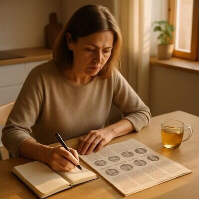 Una persona adulta legge un oroscopo con calma, in un contesto quotidiano sereno, con atmosfera di chiarezza e responsabilit&agrave;.