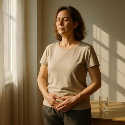 Una persona si prende un momento di respiro e presenza per iniziare la giornata con calma e confini interiori chiari.