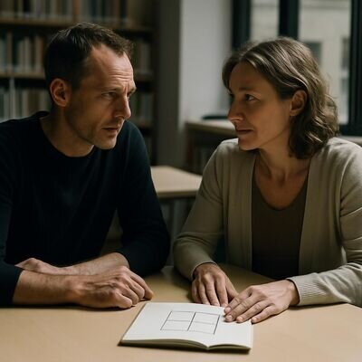 Due persone si confrontano con rispetto, simbolo di fiducia e confini chiari.