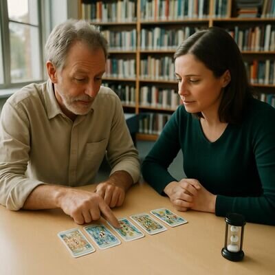 Due persone discutono serenamente davanti a una stesa di tarocchi, cercando alternative.