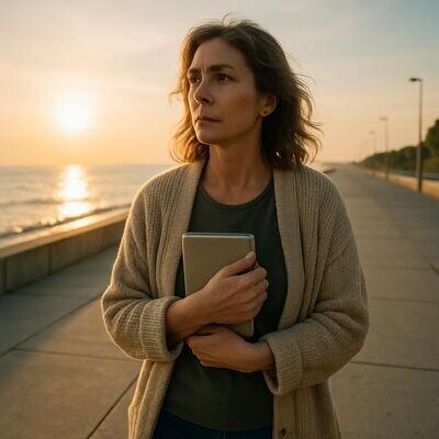 Una persona adulta cammina all&rsquo;aperto, respirando profondamente per ritrovare calma dopo una separazione.