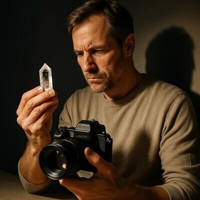 Una persona fotografa un cristallo su fondo neutro con luce controllata per valutare superficie e possibili trattamenti.