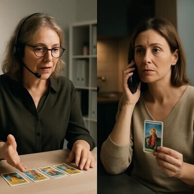 Due persone in luoghi diversi: una consulente con carte e un cliente al telefono, atmosfera professionale e accogliente.