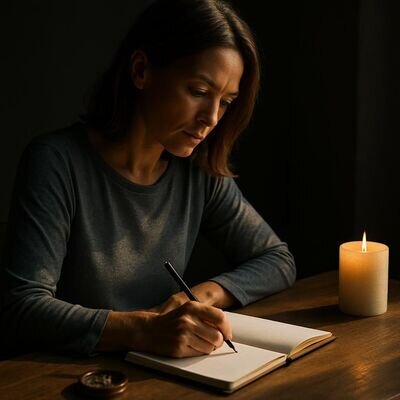 Una persona adulta scrive obiettivi su un quaderno in un ambiente luminoso e ordinato, con espressione concentrata e serena.