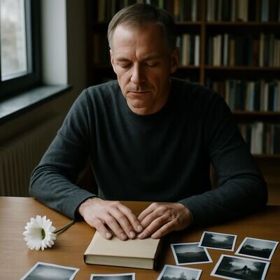 Un uomo osserva fotografie e appunti, cercando un significato con serenit&agrave;.
