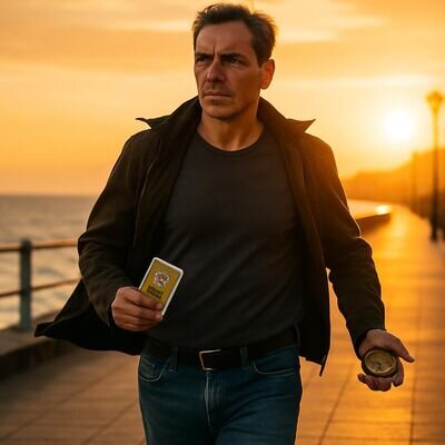 Una persona cammina all&rsquo;aperto con un mazzo di carte in mano, espressione determinata, simbolo di autonomia.