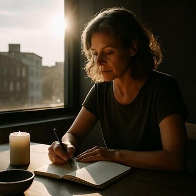 Persona che scrive su un quaderno in un ambiente luminoso e tranquillo, con atmosfera di presenza e calma.