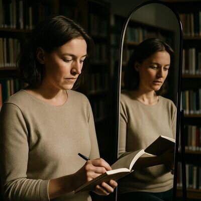 Una donna adulta rilegge ci&ograve; che ha scritto e si guarda allo specchio, in una biblioteca luminosa e silenziosa.