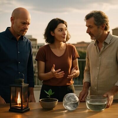 Persone diverse osservano simboli dei quattro elementi come metafora di temperamenti e bisogni.