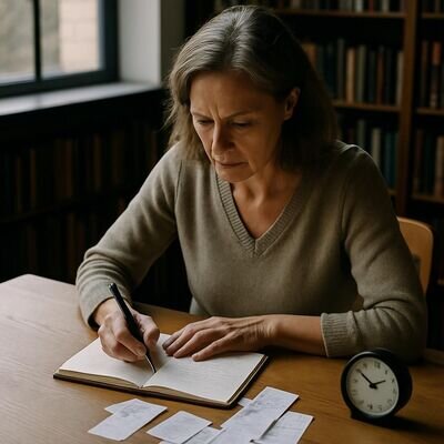 Una persona matura scrive su un quaderno, accanto a scontrini e oggetti quotidiani, per distinguere simbolo e bias.